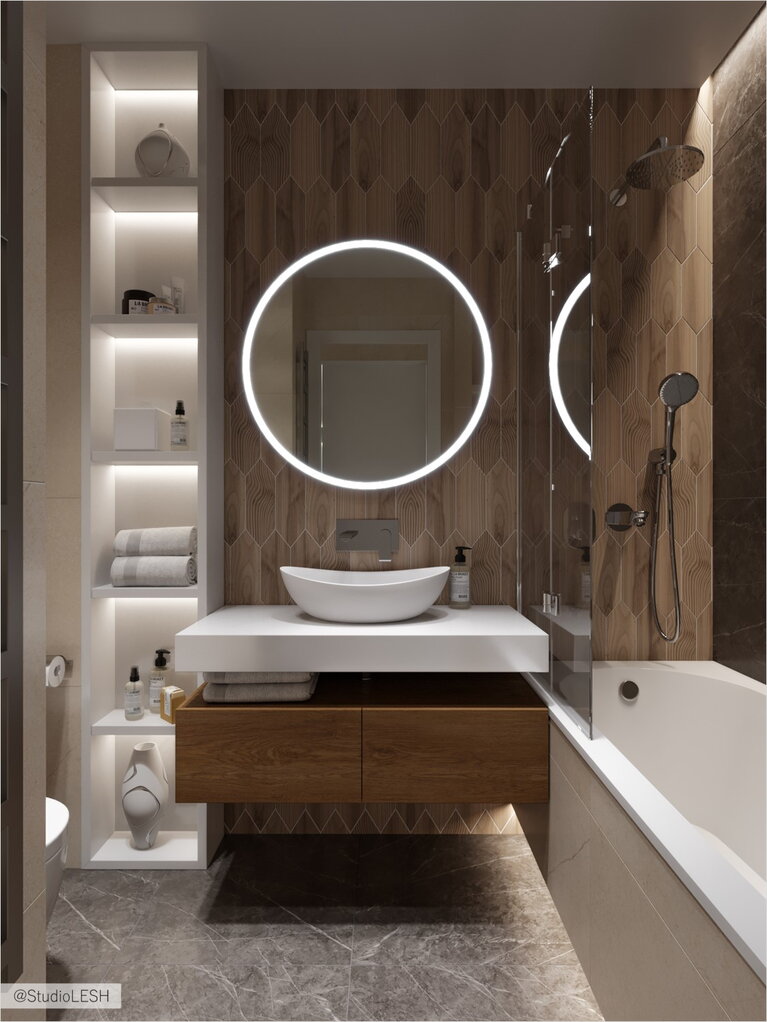 Подсветка стеллажей и ванны в ванной комнате