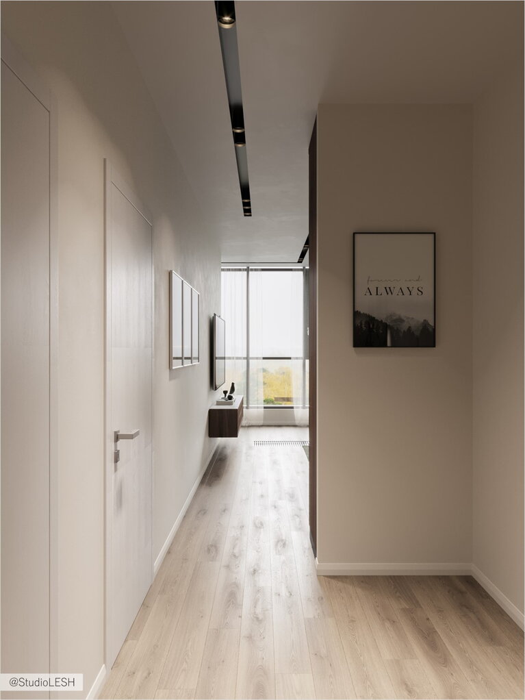 Светлая прихожая за счёт демонтированной стены между балконом и кухней