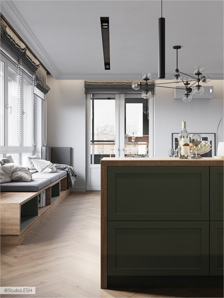 Кухня-гостиная в светлых тонах с акцентами на пастельный зеленый цвет