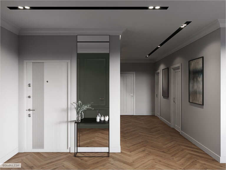 Просторный холл с паркетом из дерева теплого цвета