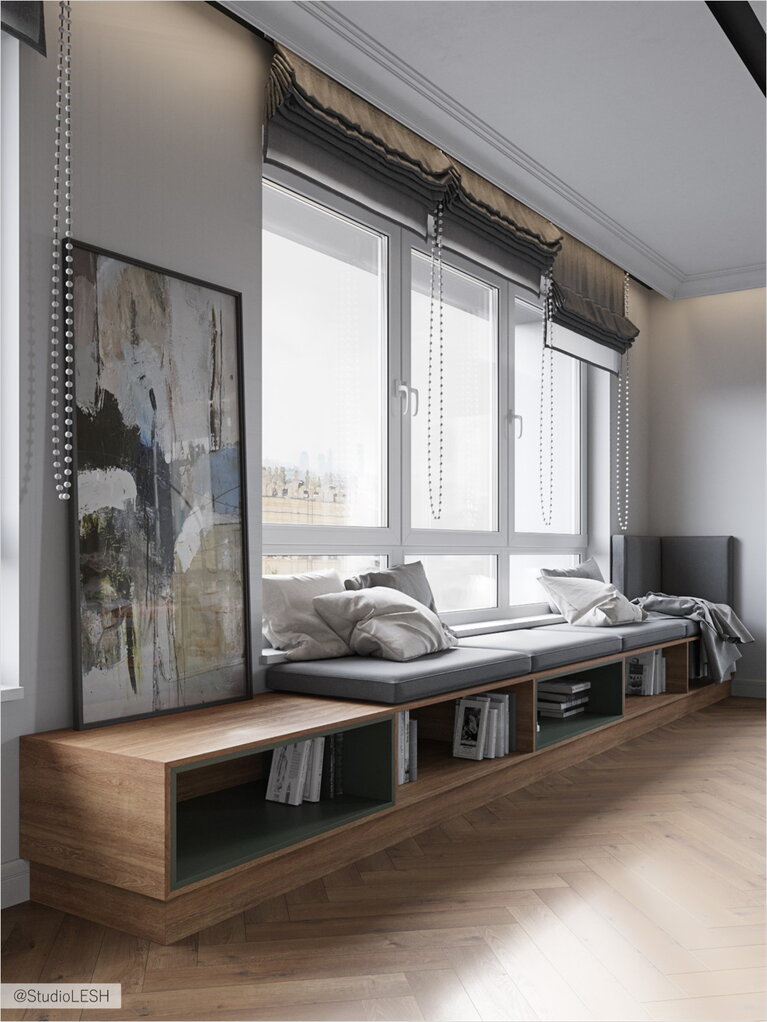 Мягкая зона отдыха под окном с местом для хранения вещей