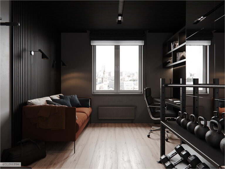 Терракотовый диван как акцент для концентрации внимания в рабочей зоне