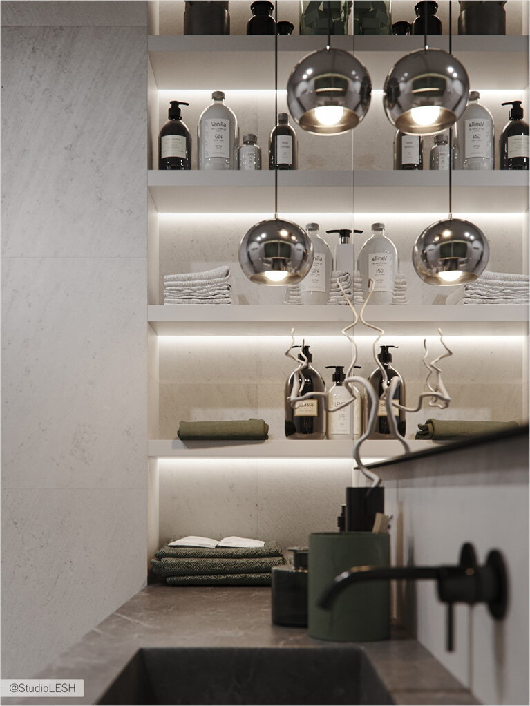 Встроеная полка для ванных принадлежностей в ванной комнате