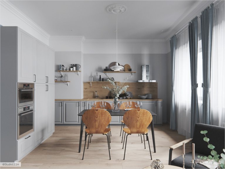 Кухня-столовая со столом легкой конструкции и деревянными стульями