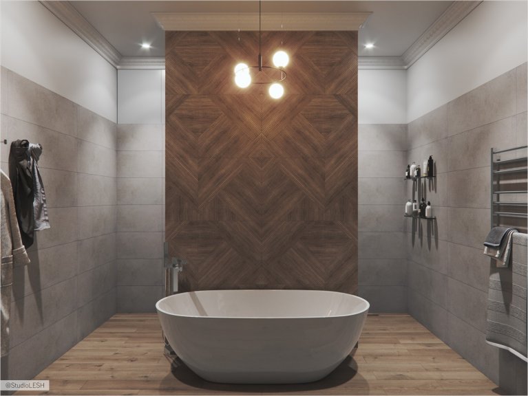 Ванная комната в теплых тонах и интересной планировкой