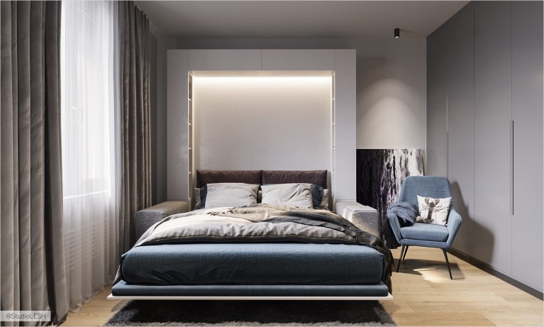 Спальня трансформер с откидной кроватью и закарнизной подсветкой в нише