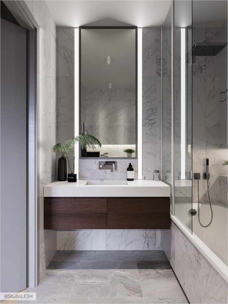 Ванна в белом керамограните с подвесной тумбой и стеклянной перегородкой