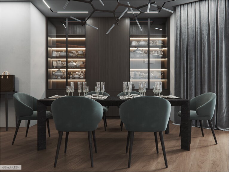 Столовая группа с большим столом и открытой зоной хранения для посуды