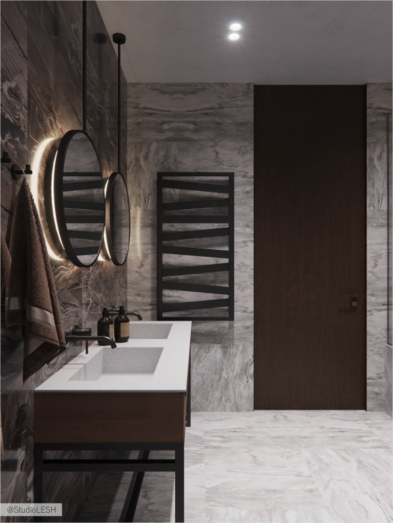 Ванная комната в керамограните с круглыми зеркалами с подсветкой