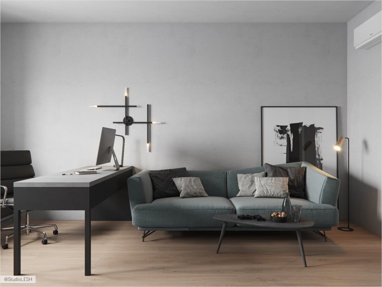 Кабинет с уютным диваном и дизайнерским светильником