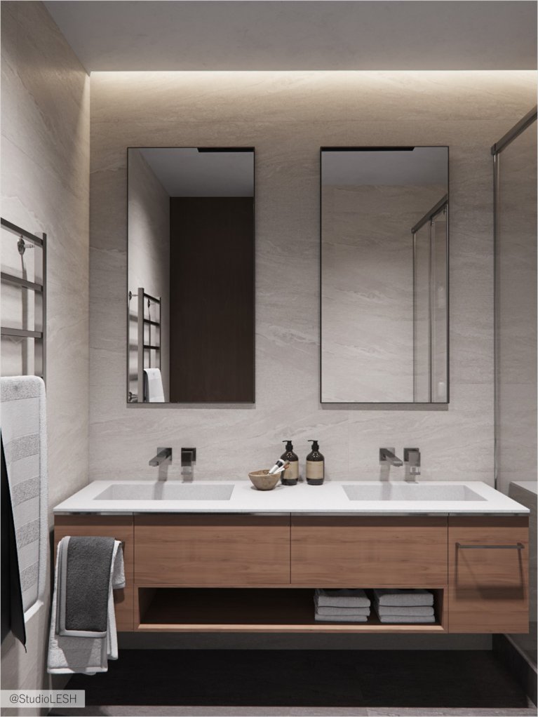 Двойная раковина в душевой комнате с подвесной тумбой