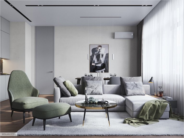 Светлый интерьер с акцентами на фисташковый цвет кресел и отдельными элементами