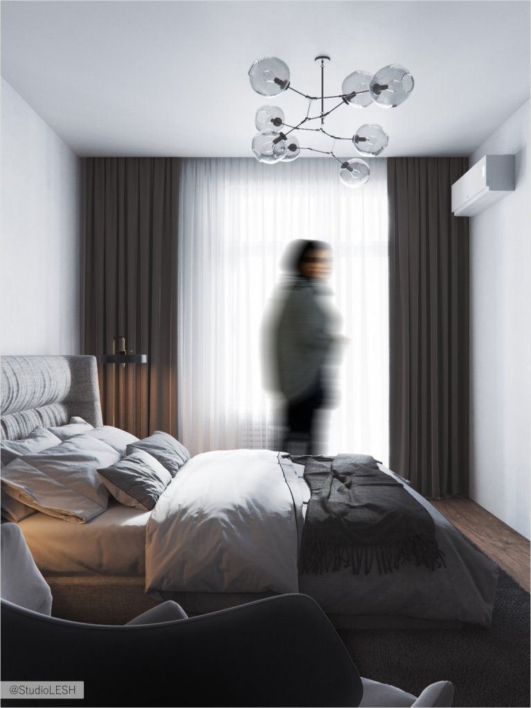 Большая двухспальная кровать в современной спальне