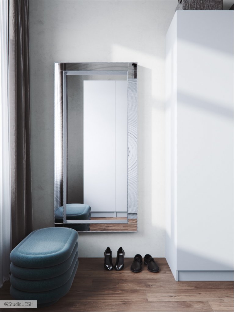 Стильное зеркало в полный рост в гардеробной комнате с синим пуфом