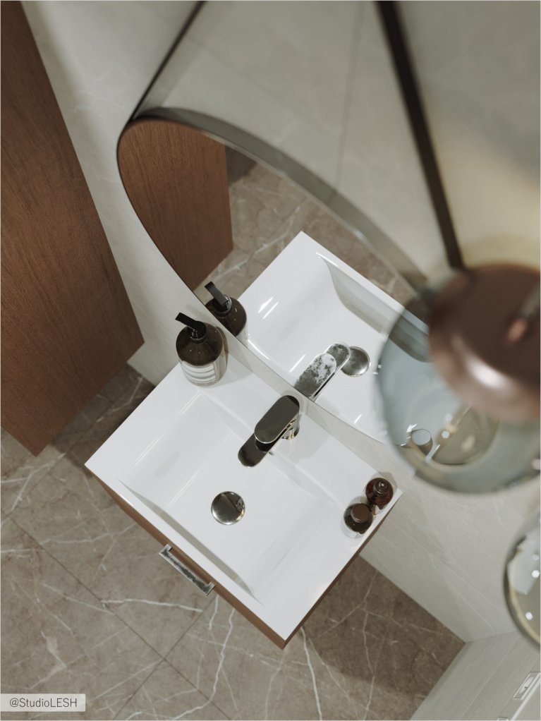 Теплые оттенки в ванной комнате и современной мозаикой.