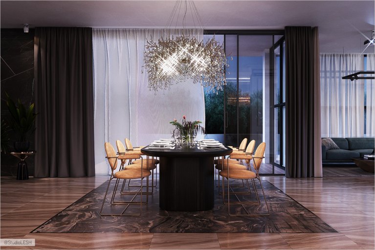 Dining area highlighted by widescreen granite