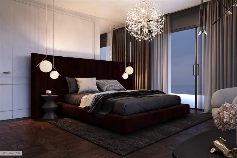 Designer light in the bedroom of the second floor