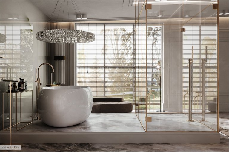  Free-standing pedestal bath in a spacious bathroom