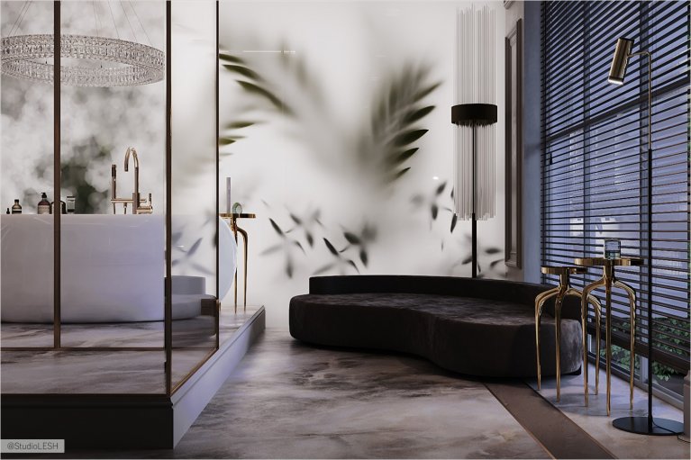 Relaxation area in a spacious bathroom with tropical plants behind glass