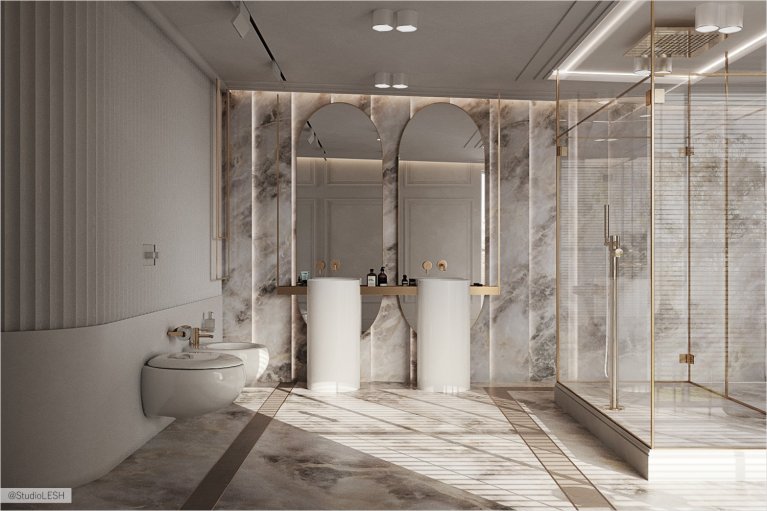 Light bathroom decor in light porcelain stoneware