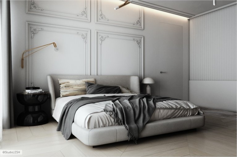Classic bedroom with moldings in light gray