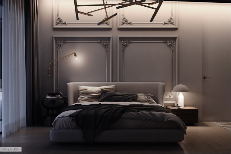 Evening view of the bedroom in gray shades