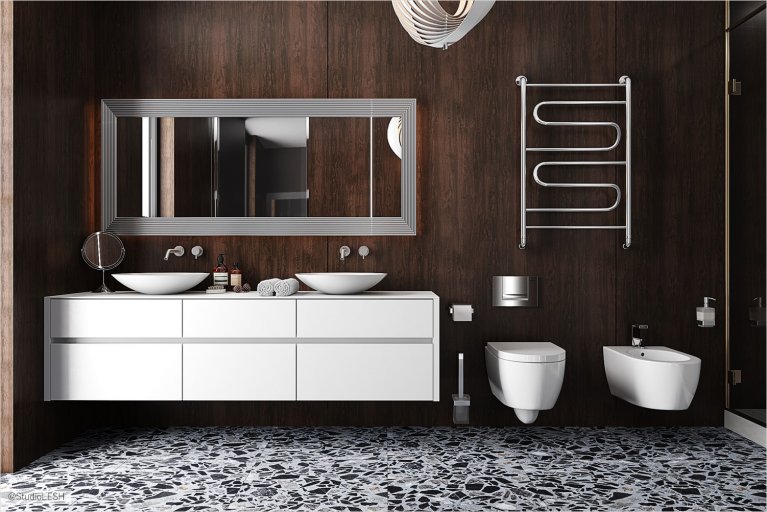 Bathroom with heated towel rail and two sinks with wood trim