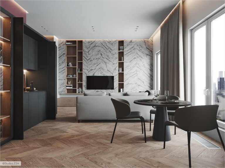 Кухня-гостиная с французскими окнами и кухней Leicht