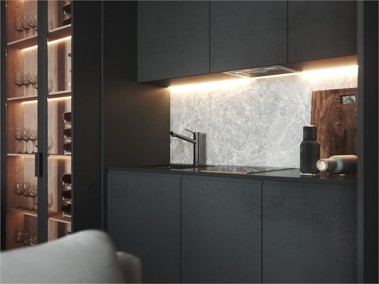 Кухня с особенностью скрываться за дверцами и визуальному превращению в зону хранения