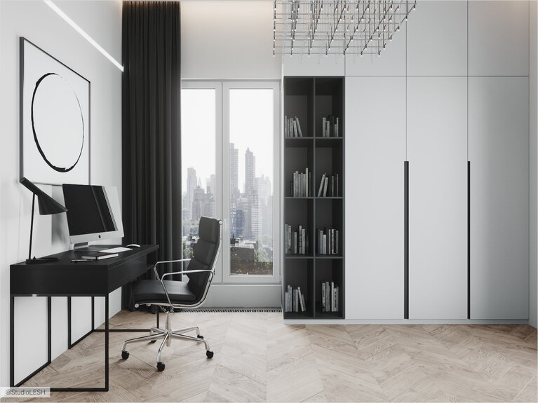 Световое решение в гостевой комнате с рабочим столом и зоной хранения