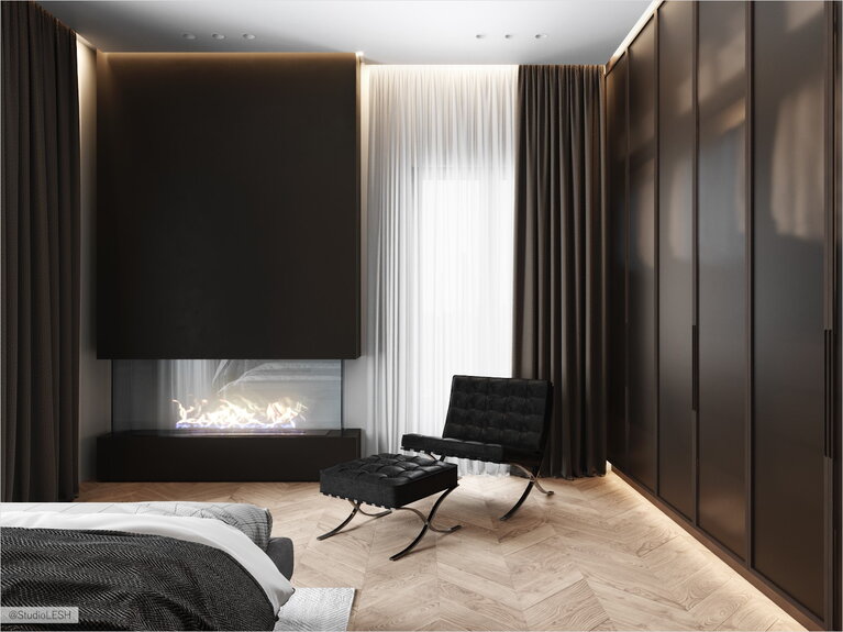 Биокамин в спальне и гардеробный шкаф за матовым стеклом