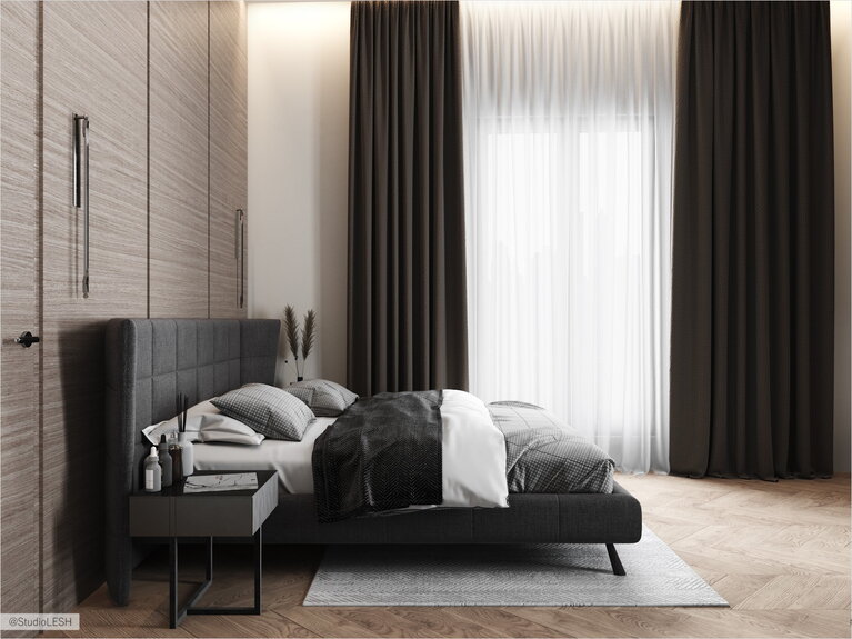 Двухспальная кровать в стильной спальне и двери от пола до потолка