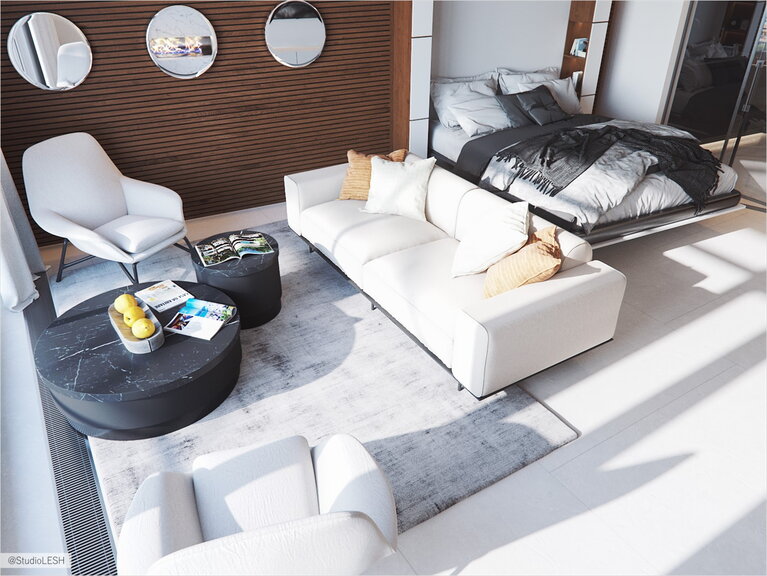 Просторная гостиная в минималистичнном стиле