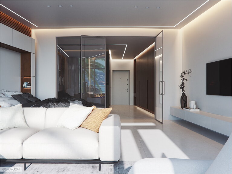 Стеклянная перегородка между функциональными зонами квартиры