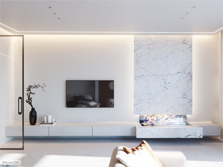 Биокамин в подвесной полке с подсветкой в мраморной плите