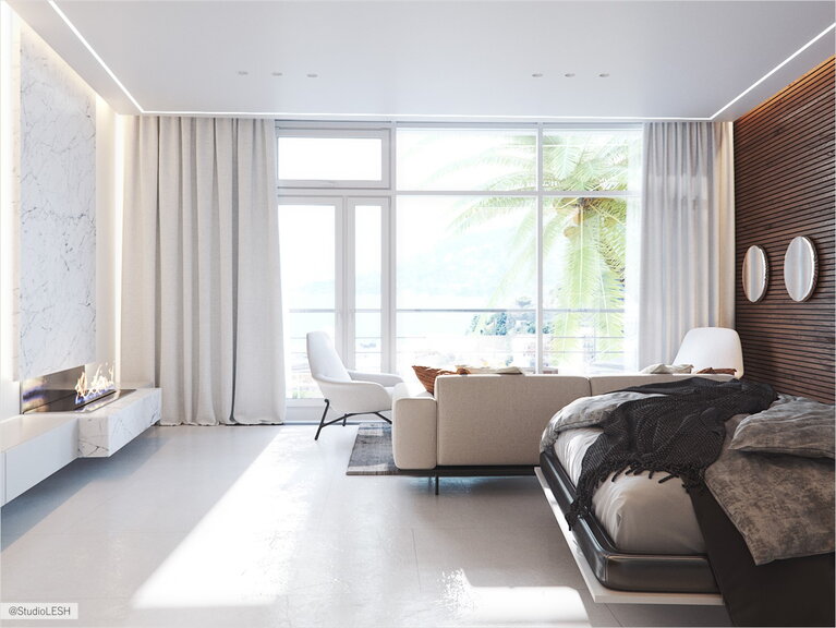 Светлая гостиная в минималистичном стиле с панорамным окном