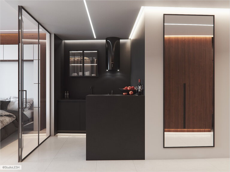 Компактная кухня со стеклянными шкафчиками-витринами