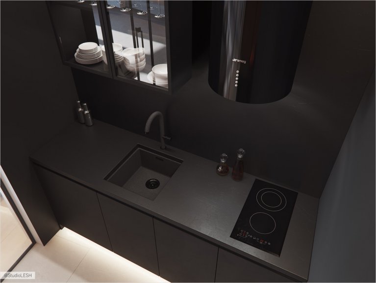 Роскошная кухня с вытяжкой цилиндрической формы