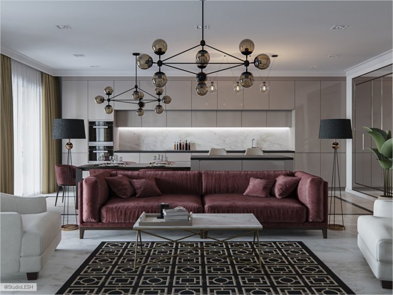  Large red sofa in the living room