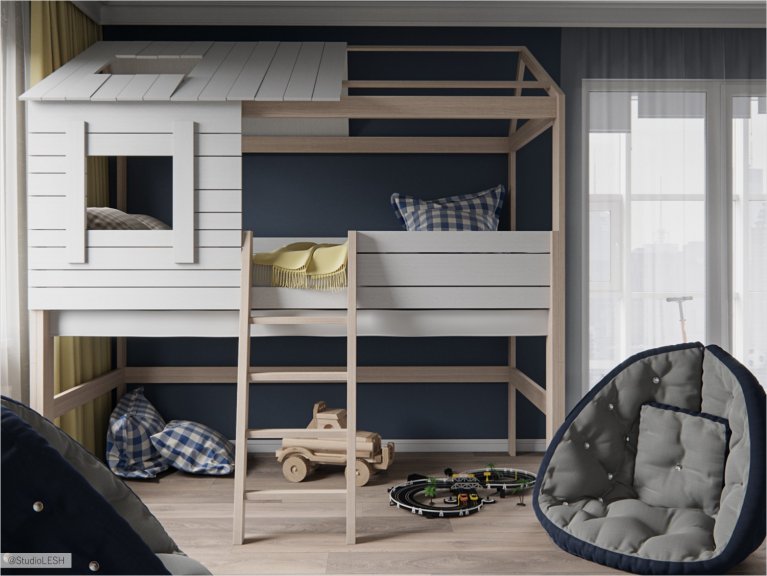 House-shaped bunk bed and comfortable armchair