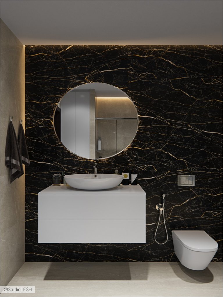  Creative bathroom with a round mirror and a unique marble wall