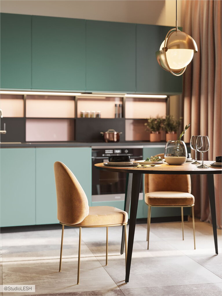 Дизайн современной кухни в зелёном цвете 