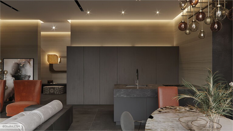 Кухня в большой квартире с закрытыми фасадами 