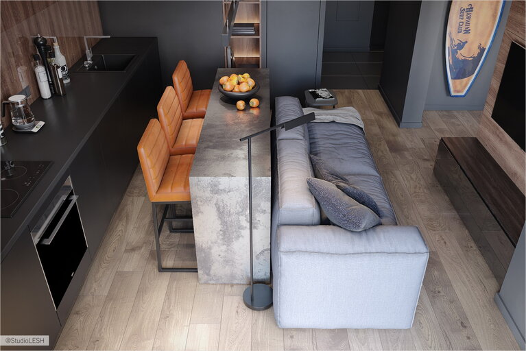 Интерьер гостиной объединенный с кухней 