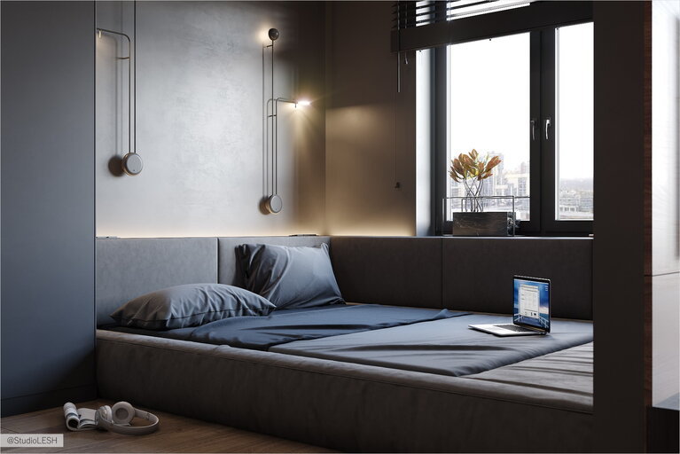 Мягкие подушки в спальне тёмного цвета 