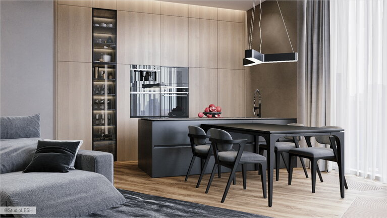 Современная гостиная с большим столом и кухонным островом 