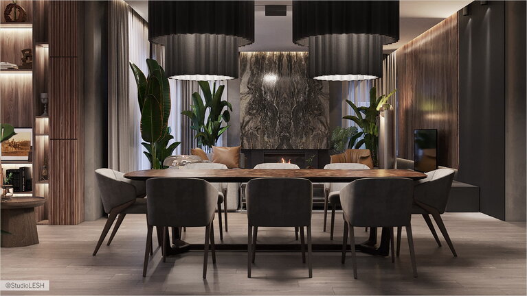 Обеденная зона в интерьере гостиной 