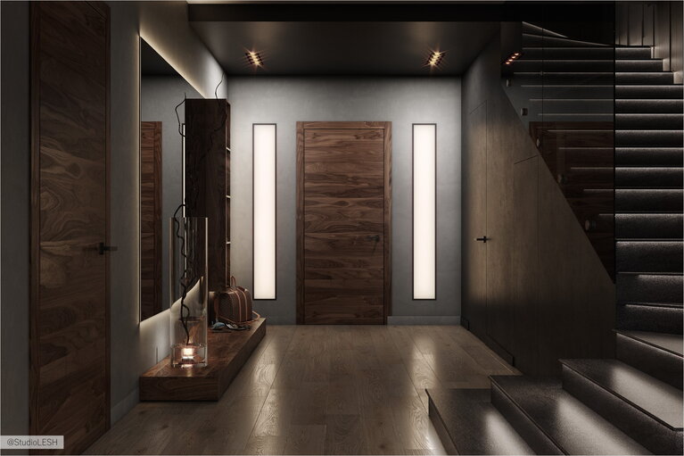 Дизайн прихожей с темными дверями фото 