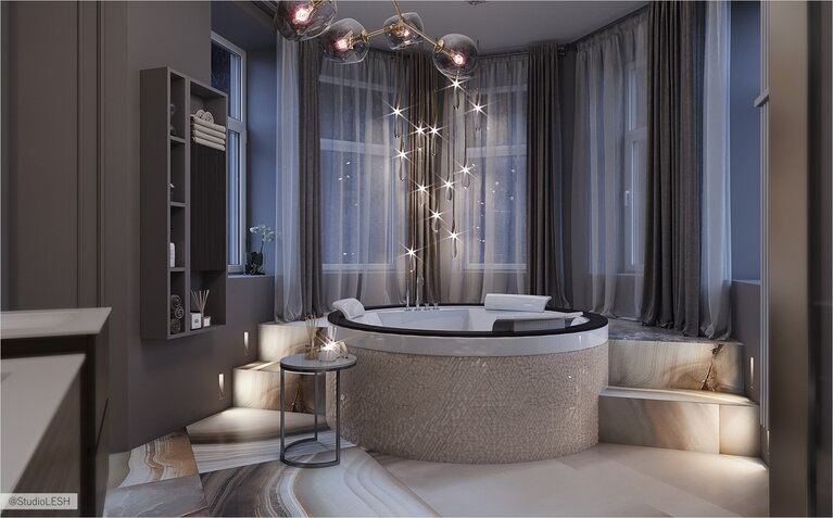 Круглая встраиваемая ванна с гидромассажем в интерьере