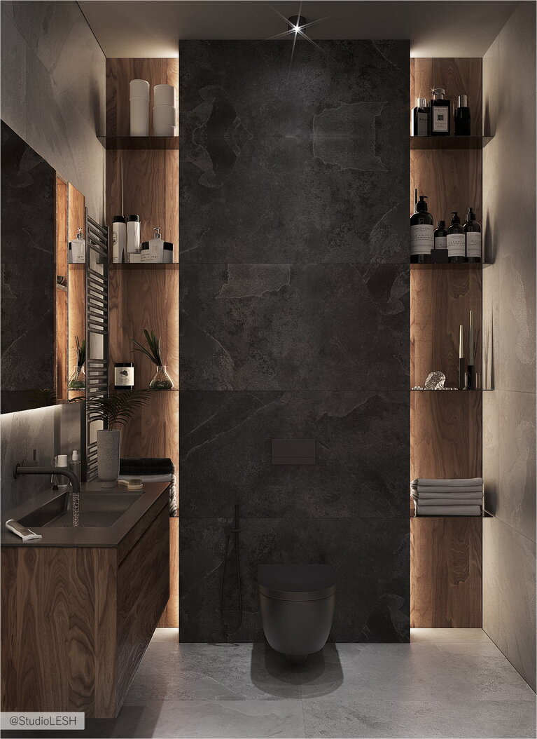 Ванная комната с черным унитазом 